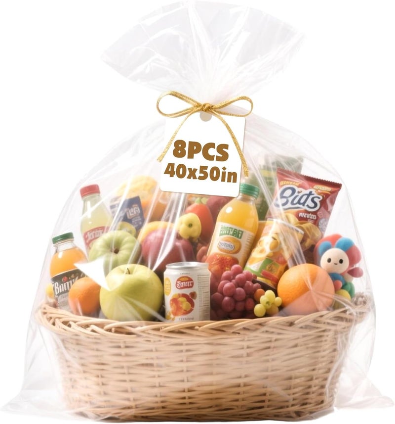 NUITPY 8 Pcs Large Cellophane Bags, 40 x 50 Inchs Cellophane Wrap for Gift Baskets, Durable Plastic Gift Bag, Clear Basket Bag - Complimentary 8 Pcs Golden Twist Ties - Image 1